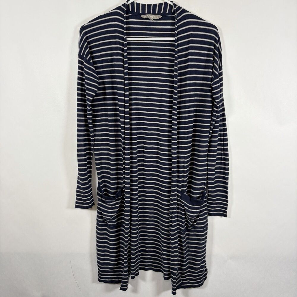 Athleta Open Front Cardigan Sweater Womens XS Navy White Striped Silk Cashmere